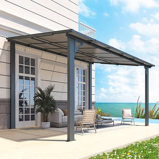 AECOJOY 12' x 8' Gazebo Outdoor Pergola for Patio, Hard Top Lean to 8x12 Gazebo Shelter Pergolas and Gazebos Clearance with Patio Roof, Large Wall-Mounted Heavy Duty Awnings for Patio, Decks, Backyard