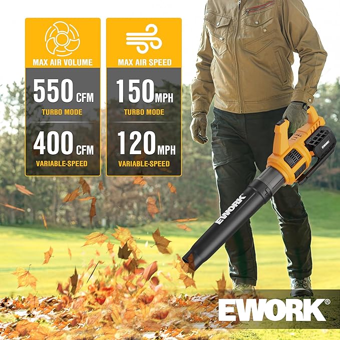 EWORK 21V Cordless Leaf Blower, Powerful Turbo Mode & 550 CFM, 2¡¿3.0Ah Batteries & Fast Charger, Lightweight Electric Leaf Blowers for Lawn Care, Patio, Leaves & Dust