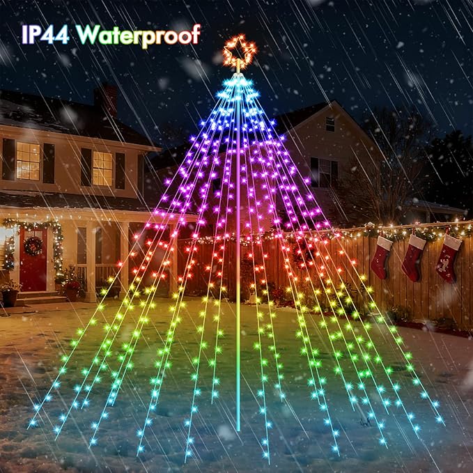 Outdoor Christmas Decorations, 12FT 488LED RGB Color Changing Waterfall Christmas Tree Lights with Iron Pole, APP Remote Control, DIY Multi-Color Lightshow, Music Sync, Xmas New Year Decor