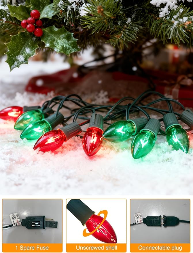 25Ft C9 Red and Green Christmas Lights Outdoor, C9 Vintage Christmas String Lights with 27 Clear Red Green Bulbs, Hanging Outdoor Christmas Lights for Backyard Prom Roofline Path Party Garden Decor