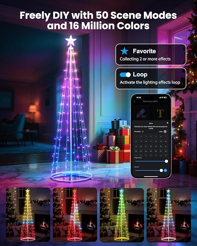 7.5Ft Smart LED Christmas Cone Tree Light, 178 LEDs Lighted Artificial Tree with Star Topper, Music Sync with Remote APP Control, DIY RGB Light Show Tree for Xmas Indoor Outdoor Decorations (RGB)
