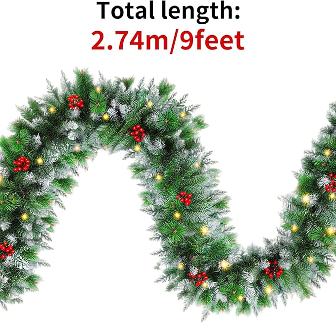 9FT Artificial Christmas Garland with LED Light Battery Operated Light Garland with 30 LED Warm Lights and 18 Red Berries for Mantle Stairs Fireplace Xmas Decoration