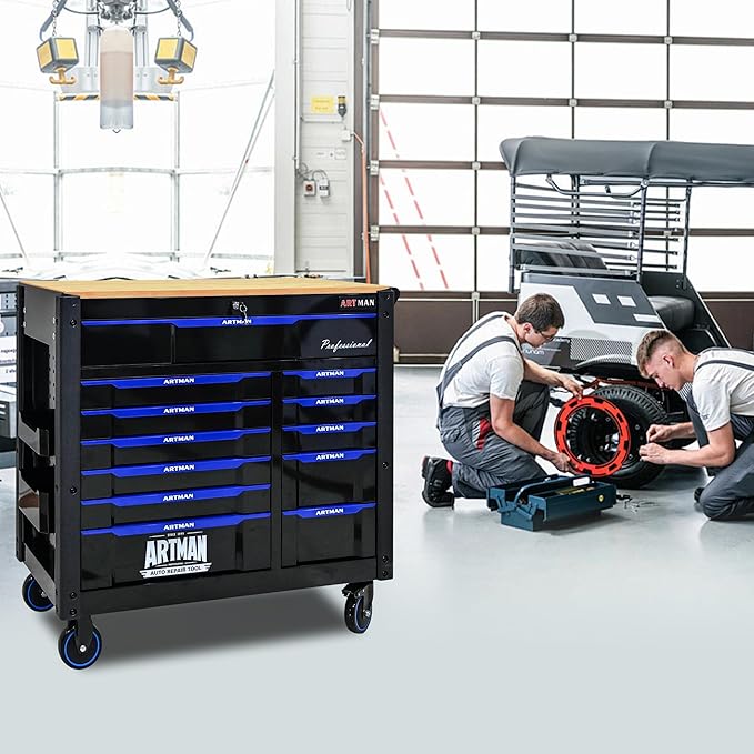 Rolling Tool Chest on Wheels, Heavy Duty Metal Tool Cabinet Chest with 12 Drawers, Wooden Workbench Top, Large Tool Cart for Warehouse, Garage, Workshop, Repair Shop, Tool Organizer Chest
