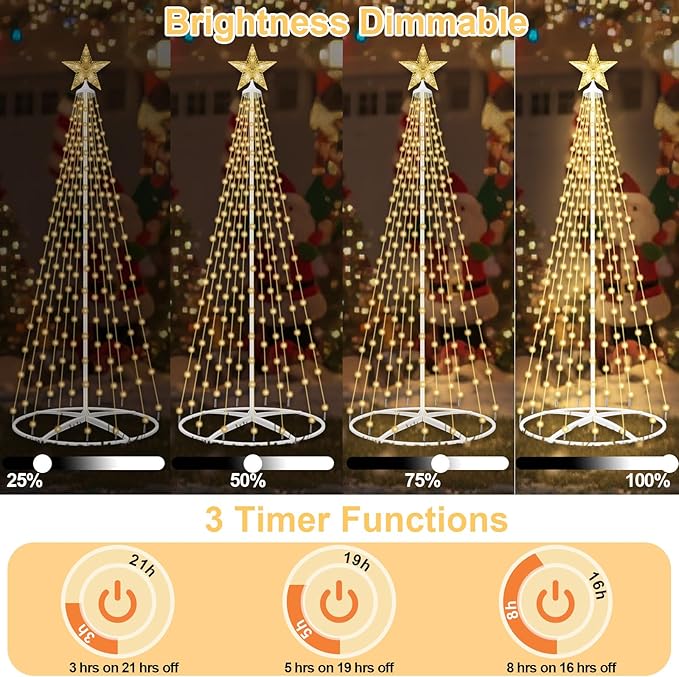 202LED Outdoor Solar Christmas Tree Lights, 5FT Lighted Artificial Cone Tree with Remote, 8 Modes, USB Charge, Timer & Waterproof Christmas Tree Decor for Garden Yard Patio, Warm White