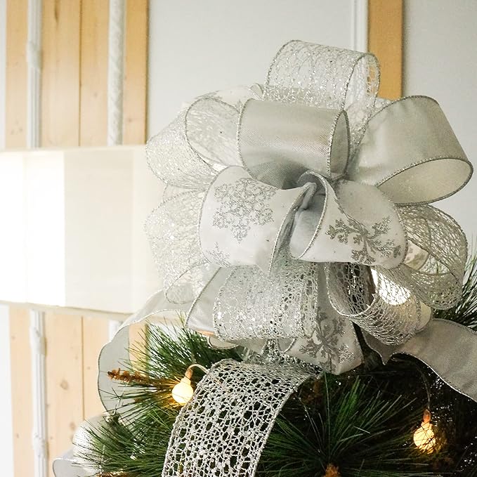 CT CRAFT LLC Sliver Snowflake Christmas Tree Topper Bow 11" with 4 Ribbon Streamers x 3 Yards Long Each for Holidy Elegant Fancy Home Décor Indoor