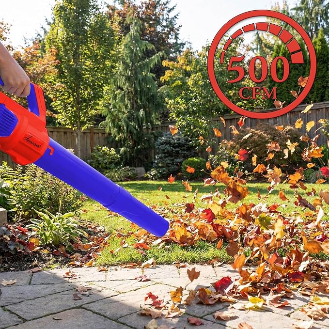 Leaf Blower Cordless with Battery and Charger, 500 CFM/200 MPH, Electric Leaf Blowers with 2 Speeds, 2 Extended Tubes, 1 x 2.0 Ah Battery-Powered Leaf Blowers for Lawn Care, Blowing Leaves, Yard(RED)