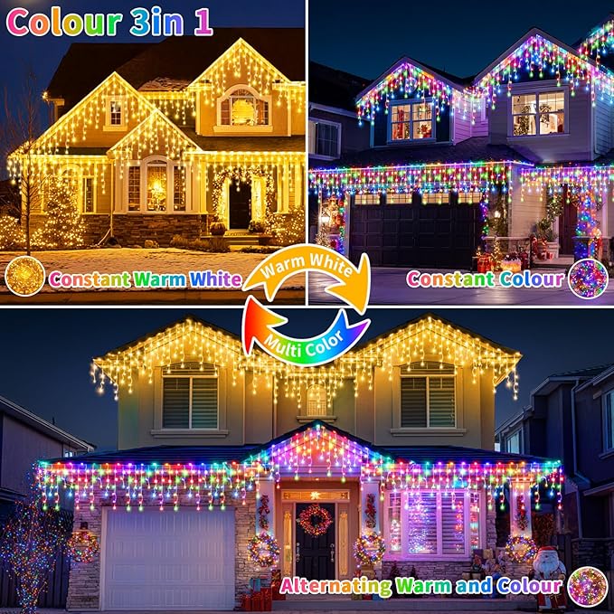 Solar Icicle Lights for Outside 66+16Ft 660LED Christmas Lights Outdoor Decorations Dual Color Changing Connectable Rechargeable Dimmable Remote Twinkle Fairy String Lights for Xmas Eaves House Roof