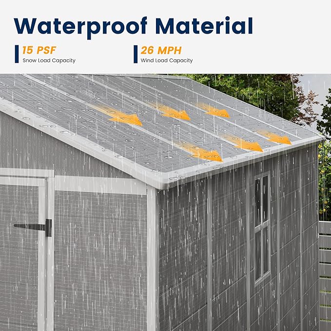 UDPATIO Storage Shed 8 x 10 FT, Resin Sheds & Outdoor Storage with Floor Large Clearance Outdoors Plastic Garden Tool Shed Tuff Outside Cottage Shed with Lockable Door for Bike, Garbage Gray White