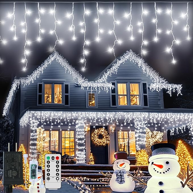 Icicle Lights for Outside, 82ft 880 LED Icicle Christmas Lights Outdoor Waterproof, 176 Drops with Remote, 8 Modes & Dimmable, Timer for Christmas, Wedding, Party, House, Roof Decoration, White