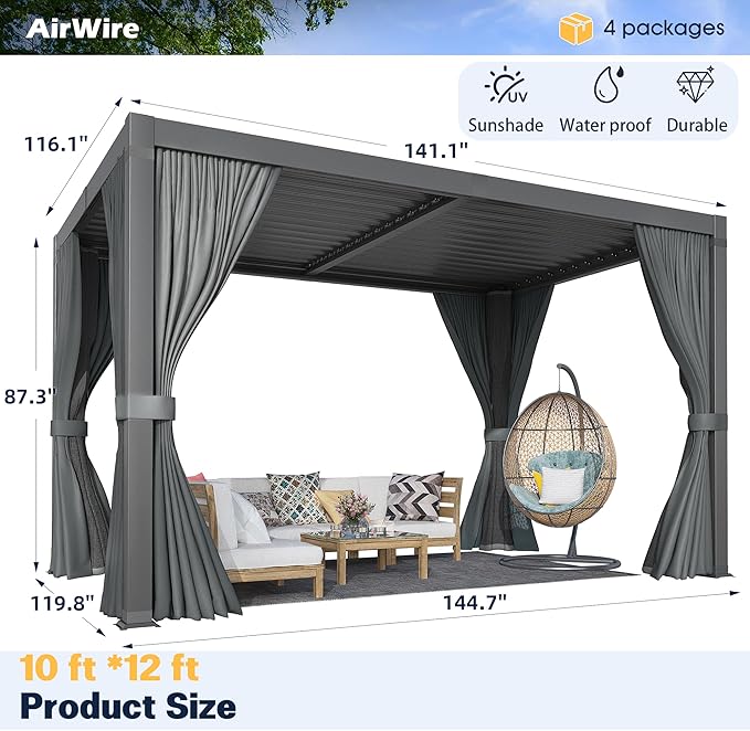 Pergola 10x12 Ft Louvered Pergola, Aluminum Outdoor Pergolas W/Adjustable Roof, Waterproof Curtains and Nets. Outdoor Gazebo for Deck,Patio,Backyard and Garden