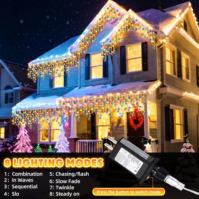 118 ft 1248 LED Christmas Outdoor Icicle Lights LED Fairy String Hanging Lights Waterproof with 8 Modes Timer for Christmas Decorations Wedding Holiday Party Roof Yard, Multicolor