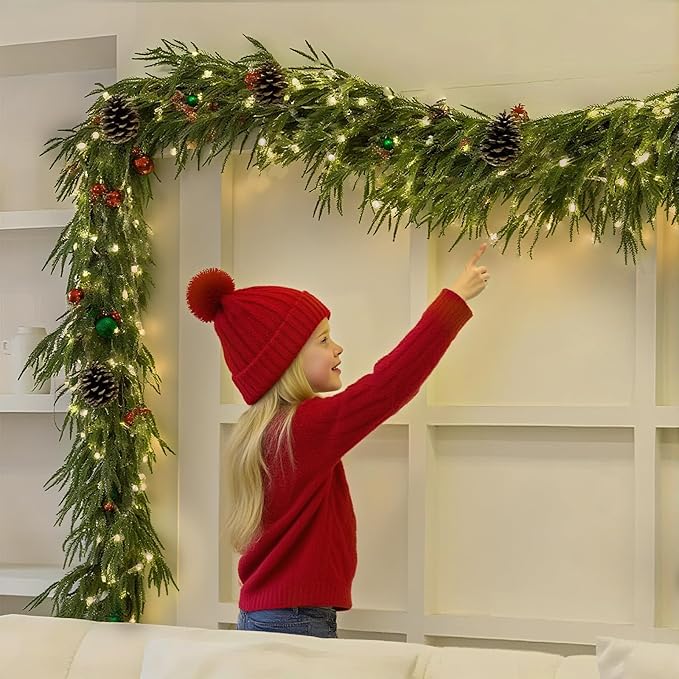 9 Ft Norfolk Pine Garlands, Real Touch Winter Pine Garland, Dense Green Artificial Greenery Garland for Table, Mantle, Staires, Wall, Indoor, Outdoor Christmas Decorations