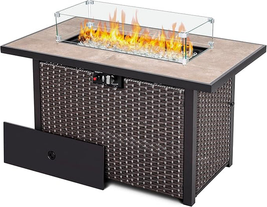 Nuu Garden 43 Propane Fire Pit Table, CSA Certified 50,000 BTU Outdoor Patio Propane Fire Pit Table with Fire Pit Wind Guard, Removable Lid, Ceramic Tabletop, Water-Proof Oxford Cover, Dark Brown