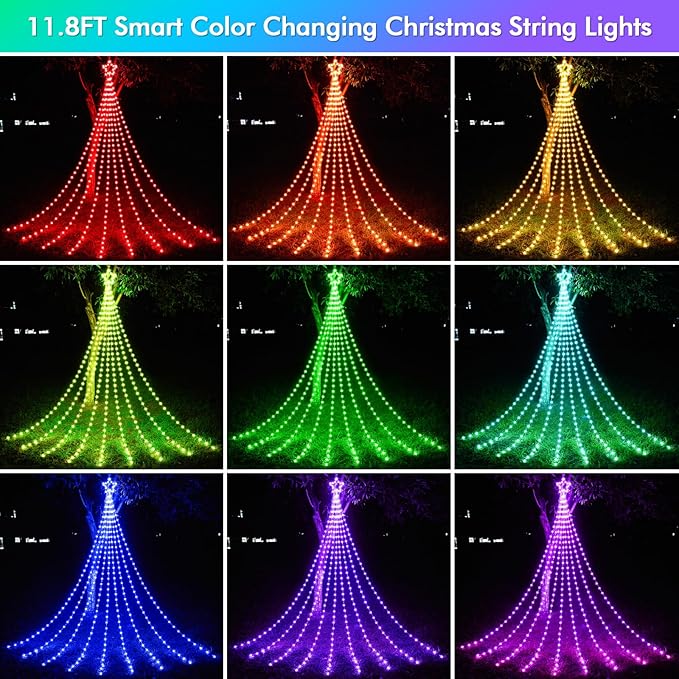 Outdoor Christmas Decorations, 12FT Smart RGB Color Changing Christmas Hanging Waterfall String Lights, APP Remote Control, DIY Multi-Color Lightshow, Music Sync, Outside Xmas Lights Decor
