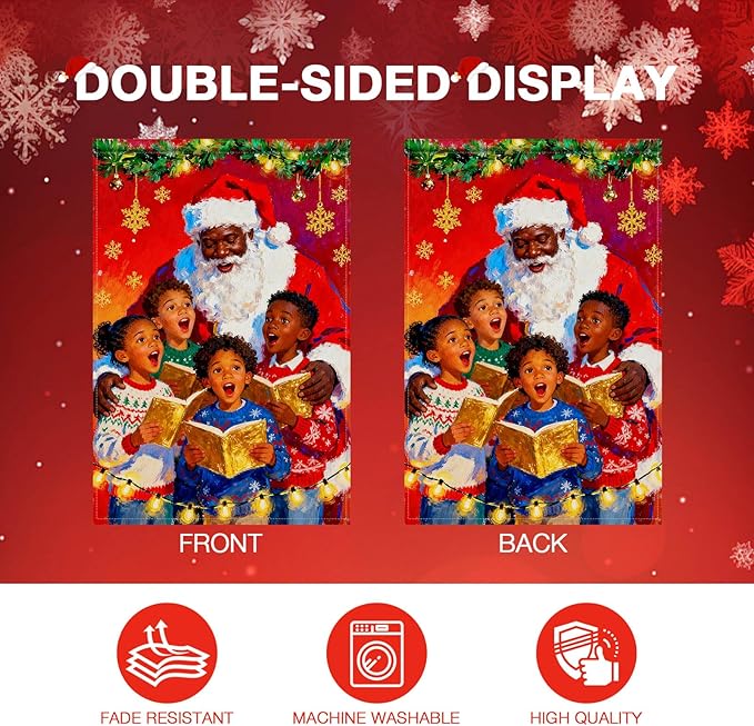 Merry Christmas African American Black Santa Garden Flag 12x18 Inch Double Sided Santa with Children Choir Red Snowflake Holiday Flags Outdoor Winter Yard Banner Welcome Flag Decor