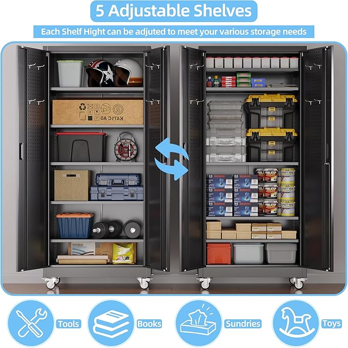 Aobabo Upgrade 71H''*32''W*16''D Metal Garage Storage Cabinet with Wheels and Pegboards, 5 Adjustable Shelves Steel Storage Cabinets for Home,Warehouse,Garage,Assembly Required,Black