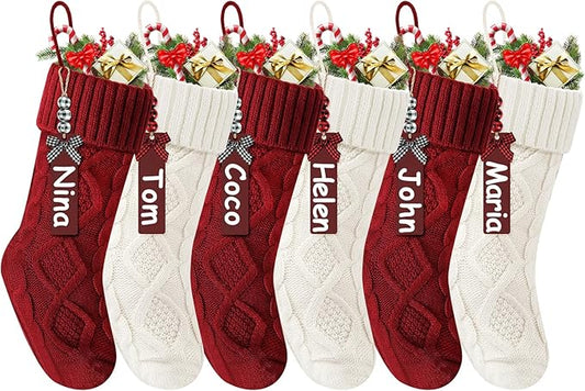 Christmas Stockings 18 Inches,Long Knitted Stocking with Name Tags, Christmas Decoration Hanging Stockings Fireplace Xmas Tree Ornaments for Home Family