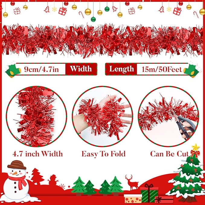 50Ft Christmas Tinsel Garland, Red Metallic Twist Garland for Xmas Tree Decorations, Tinsel for New Year Party Ceiling Hanging Decorations Indoor and Outdoor Decor Supplies