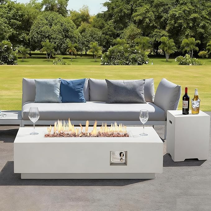 ECOTOUGE 56''Gas Fire Pit, Outdoor Propane Firepit Table w/Side Handles, Auto-Ignition Rectangle Steel Fire Table, 50,000 BTU Concrete fire Pit w/Weather-Resistant Pit Cover£¨White, No Tank Cover£©