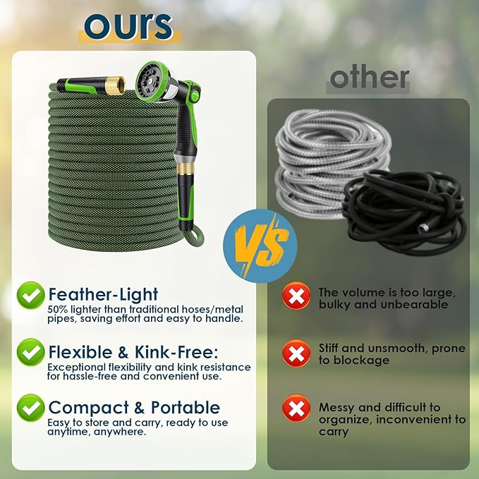 Non-Expandable Garden Hose 150 FT, Lightweight Hose with 10 Function Spray Nozzle, Kink-Free Flexible Water Hose, Durable, Leak-Proof, 360¡Æ Swivel Connectors, Portable Storage Strap