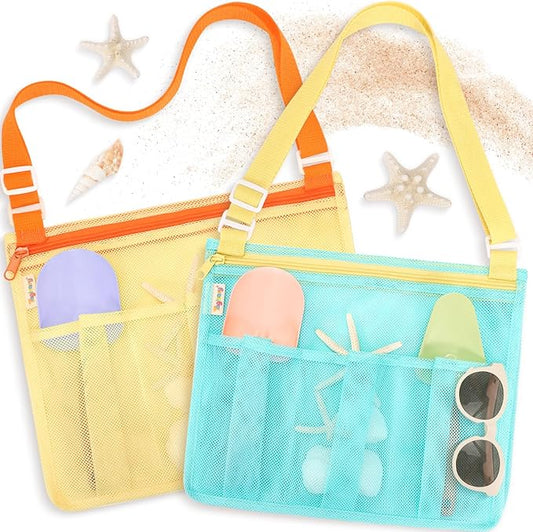 Tagitary Beach Toys Mesh Beach Bags for Kids with Zipper Collapsible Mesh Seashell Collecting Swim Pool Lake Sand Toy Storage, Boys and Girls Teens Summer Vacation Essentials