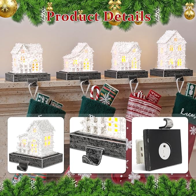 Stocking Holders for Mantle and Garland Hanger, 4-Piece Resin Fireplace Hooks with LED Lights, Perfect for Christmas décor and Holiday Party setups