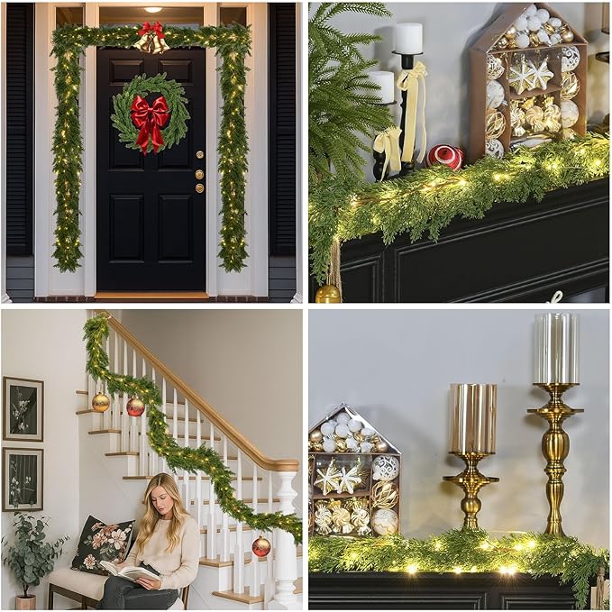 3PCS 6.2FT Christmas Garland with Lights, Real Touch Cedar Garland Artificial Realistic Thick & Lush Greenery, Soft Artificial Pine Garland for Mantle Fireplace Table Wall Indoor Christmas Decorations