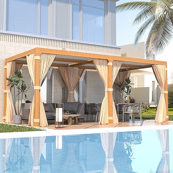 EROMMY Louvered Pergola 10' x 20' Outdoor Hard Top Gazebo with Wooden Grain Aluminum Frame and Adjustable Metal Rainproof Roof for Garden & Patio, Curtains and Netting Included, Wood Grain