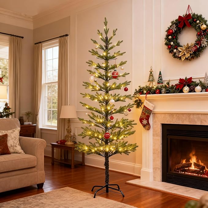 6FT 132 LED Minimalist Pre-Lit Slim Pencil Artificial Christmas Tree with Warm White Lights Scandinavian Style Decor Indoor Holiday Decoration Modern Xmas Tree