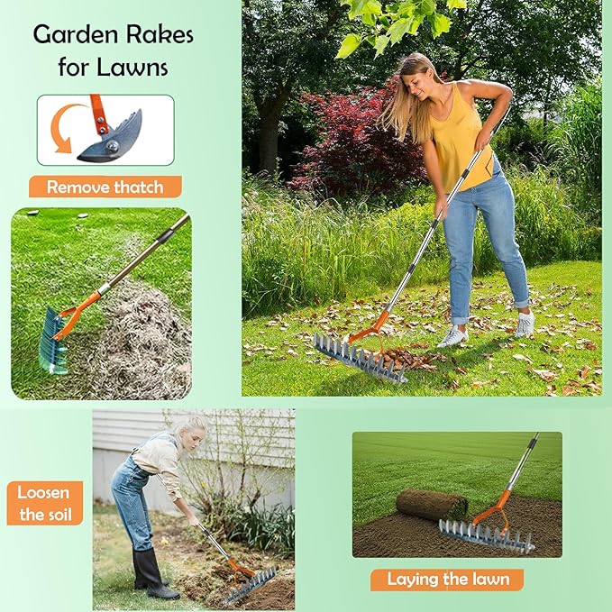 Manual Weed pullerTool,Heavy Duty 12''Flat Shovel, 14''Steel Metal Thatch Rake with Adjustable Long Handle for Leaf & Moss & Edging & Ice & Snow Removal in Lawn,Driveways, Patios, Garden Cracks