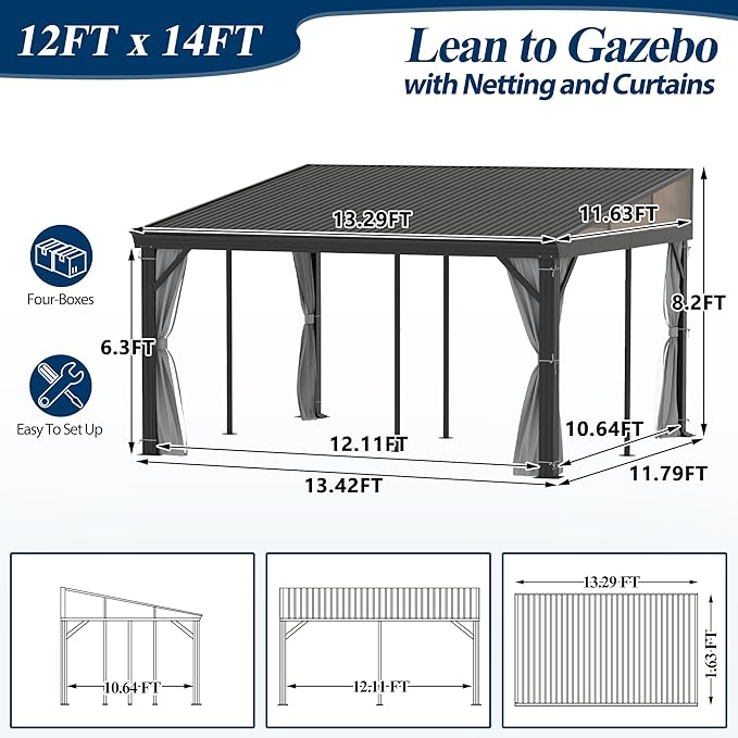 COVERONICS 12' X 14' Outdoor Lean to Gazebo - Wall-Mounted Aluminum Frame Gazebo with Slope Metal Roof, Patio Heavy-Duty Lean to Pergola with Netting & Curtains for Garden, Backyard, Deck