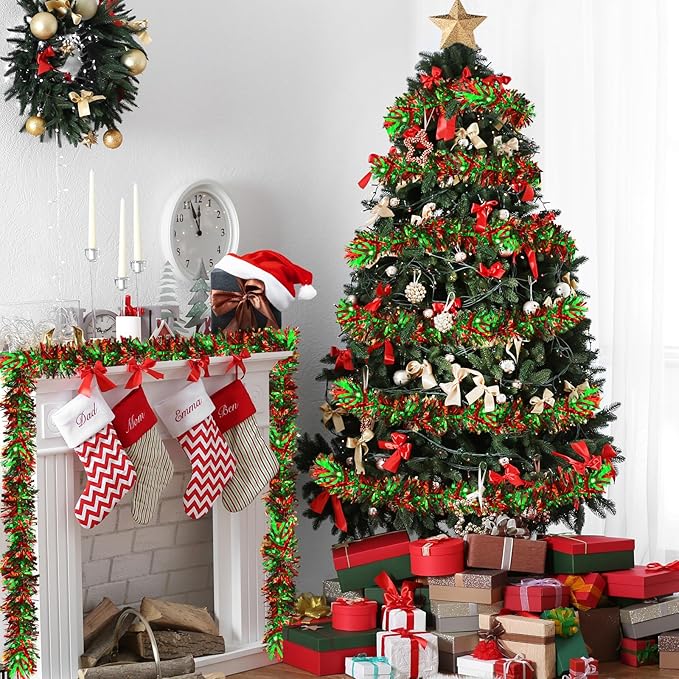 50ft Metallic Tinsel Garland - Christmas Tree Hanging Decorations for Indoor/Outdoor Use (Red, Green, Black)