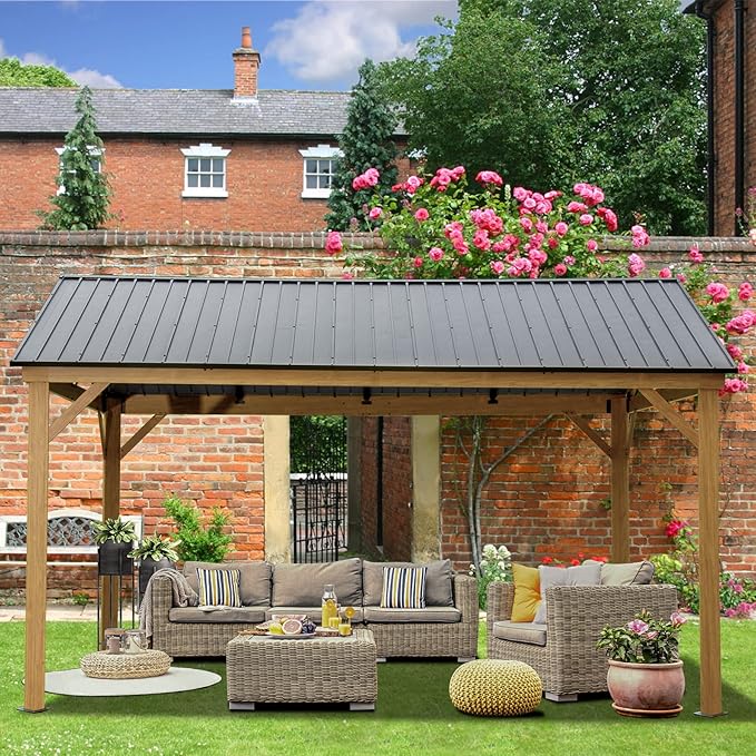 Domi 12’x14’ Hardtop Gazebo Outdoor Aluminum Gazebo with Galvanized Steel Gable Roof for Lawn and Garden(Wood-Looking)