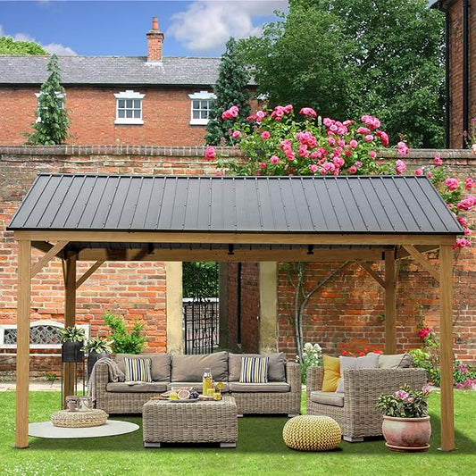 Domi 12’x14’ Hardtop Gazebo Outdoor Aluminum Gazebo with Galvanized Steel Gable Roof for Lawn and Garden(Wood-Looking)
