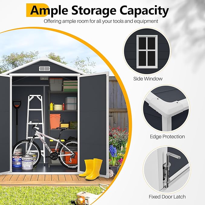 HUGROVE 6×4 Outdoor Storage Shed with Floor, Waterproof & UV-Resistant Resin Garden Shed for Backyard, Weather-Resistant Plastic Tool Shed with Lockable Double Doors, Air Vents & Side Window
