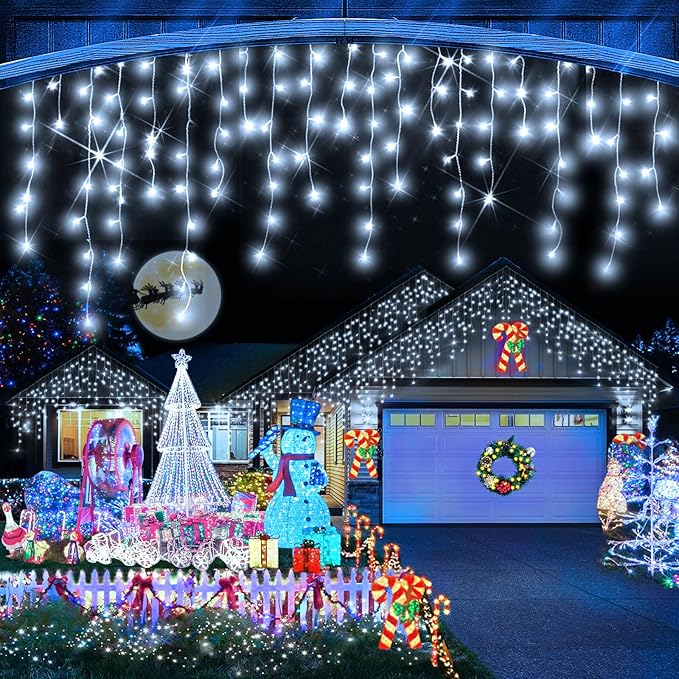 Heceltt Christmas Lights Outdoor, 1280 LED 131FT Ice Lights for Outside, 8 Modes Plug in 240 Drops Ice String Light with Timer Memory Function Hanging Light for Christmas Decor(Cool White)