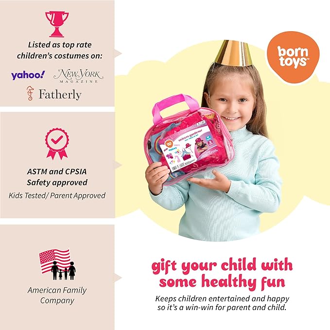 Born Toys Unicorn Kids Gardening Set for Ages 3 & Up, Includes Apron, Sun Hat, Gloves, Shovel - 11pcs Girls Gardening Kit (Pink)