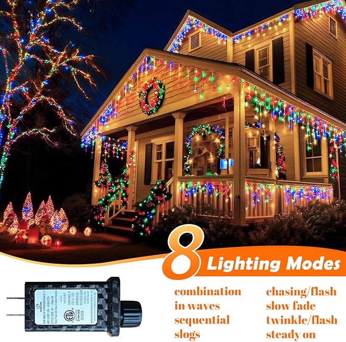 131FT 1280 LED Icicle Outdoor String Lights Multicolor - Waterproof Christmas Curtain Lights, 8 Modes Twinkle Function for Patio, Wedding, Holiday, Party Decorations