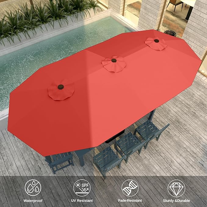 13FT Double-Sided Patio Umbrella with 48 Solar LED Lights, Large Rectangular Outdoor Market Umbrella with Crank Handle, Vented Canopy, Heavy-Duty 12 Rib Steel Frame, for Backyard, Garden, Pool, Orange
