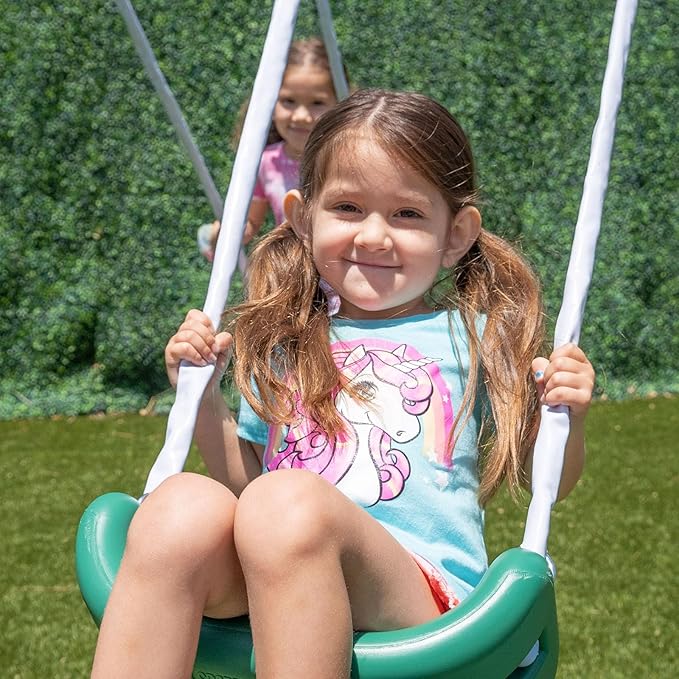 Sportspower Northridge Metal Swing Set, 500 lb Capacity, 32" Saucer, 2 Blow-Molded Swings & 5ft Slide, Durable 6ft Frame, Outdoor Backyard Playset for Kids Aged 3–8