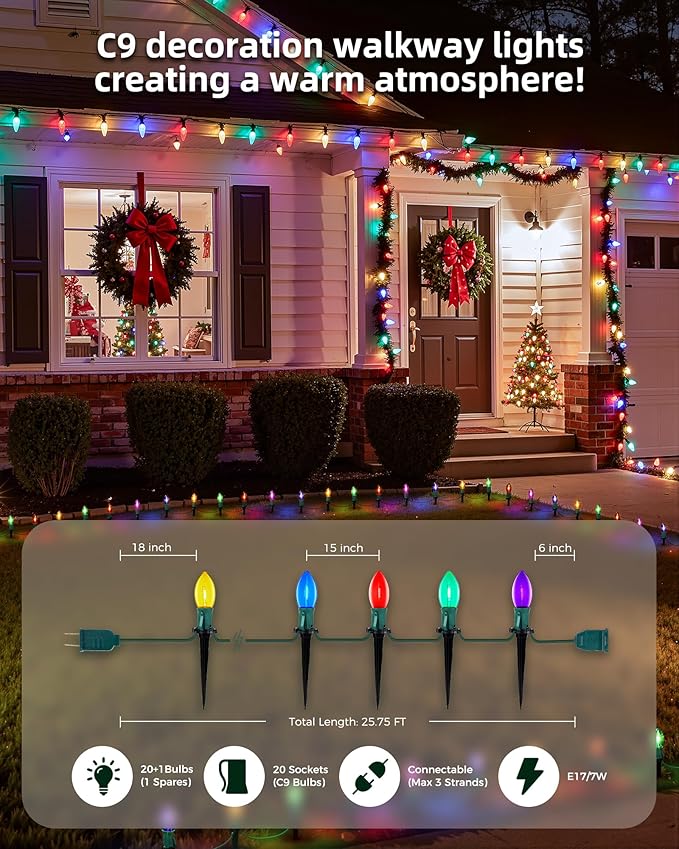 C9 Christmas Lights Outdoor, 2 Packs Total 51.4 Ft Christmas Pathway Lights with 40 LED Bulbs and Stakes, Outdoor Decorations Yard Walkway Sidewalk Holiday, Multicolor