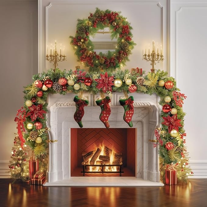 WBHome Pre-lit 9 Feet/108 Inch Christmas Garland Classic Red&Gold Themed with 50 LED Lights Holiday Decorations, Battery Operated (Batteries NOT Included)