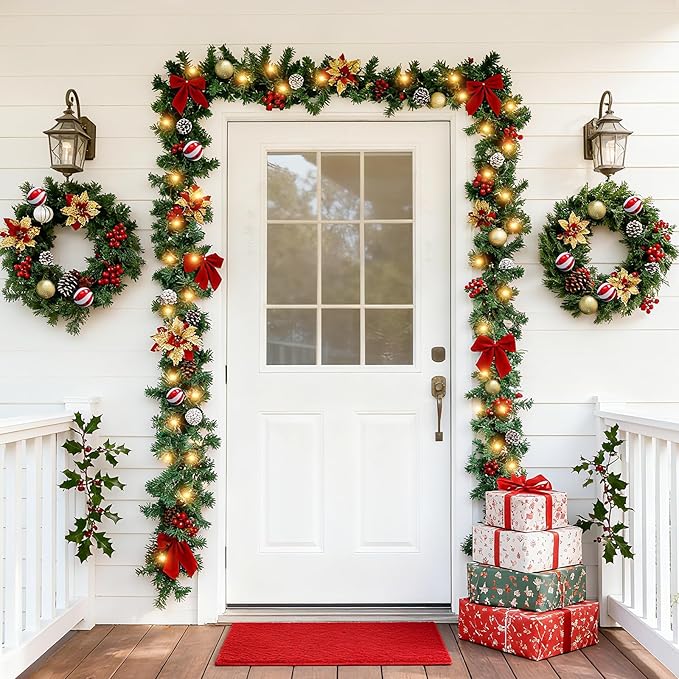 9 FT Pre-Lit Christmas Garland with 50 LED Lights Red Bows Flowers, Indoor Outdoor Lighted Garland for Stairs, Mantle, Door, Fireplace, Banister, Staircase, Holiday Christmas Decor, Battery Operated