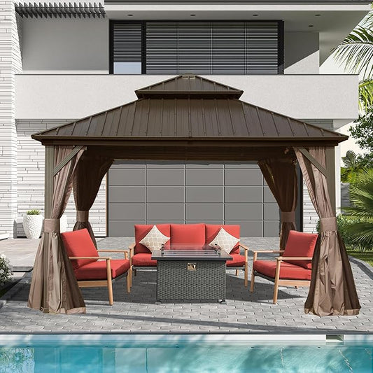 Domi Hardtop Gazebos 12x12FT, Aluminum Metal Gazebo with Galvanized Steel Double Roof Canopy, Curtain and Netting, Permanent Gazebo Pavilion for Patio, Backyard, Deck and Lawn, Brown