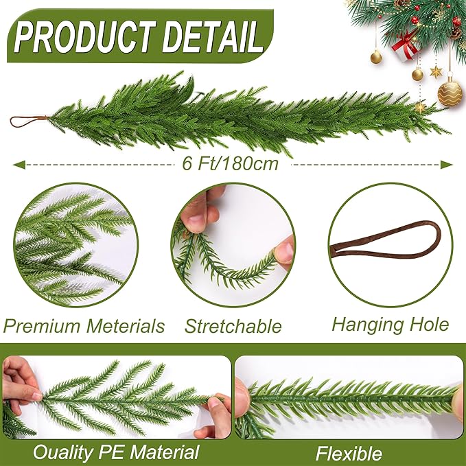 6 FT Christmas Norfolk Pine Garland Real Touch Artificial Faux Greenery Pine Christmas Garland Decorations for Home Mantle Table Stairs Door Fireplace Indoor Outdoor Xmas Holiday Decor