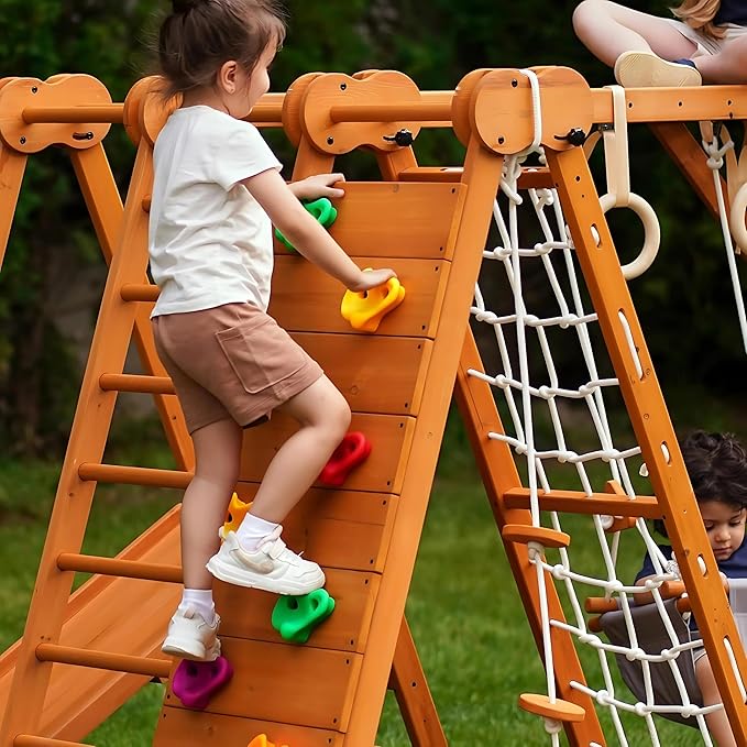 Avenlur 8-in-1 Small Indoor/Outdoor Playset ? Foldable Wooden Kids Play Set for Backyard ? Kid Playground for Toddlers Age 2?6 with Slide, Monkey Bars, 2 Ladders, 2 Swings, Rock Climbing, Gym Rings