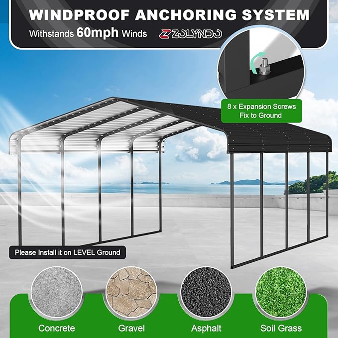12x20FT Metal Carport Kits, Heavy Duty Car Ports on Clearance with Galvanized Metal Roof, Outdoor Garage Car Shelter Shade for Car, Boats and Truck (Dark Gray), Gift for Dad