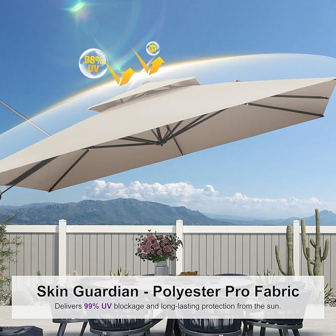 PURPLE LEAF 12 FT Cantilever Patio Umbrella Outdoor Umbrella with 330lbs Base Large Square Windproof Offset Umbrella for Pool Deck Garden, Sand Dune