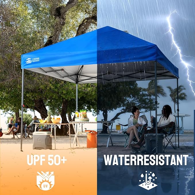 CROWN SHADES 10x10 Pop Up Canopy Tent - Patented Center Lock One Push Instant Outdoor Canopy Beach Tent with STO-N-Go Bag 8 Stakes & 4 Sand Bags，Blue