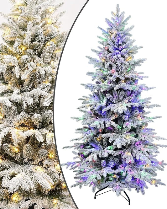 Flocked Christmas Tree Prelit 4ft | Leheyhey Small Christmas Tree with LED Lights, Memory Steel Wire Branch Simulation of Fir Tree, Foldable Metal Base, 739 PE & PVC Mixed Branch Tips
